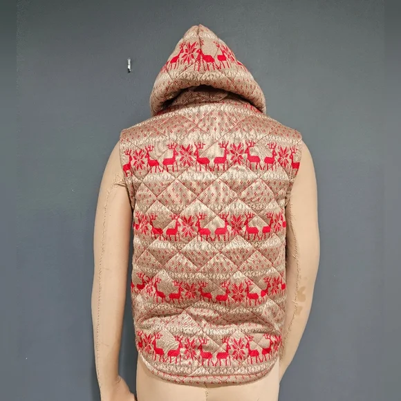 FREE PEOPLE Women Fair Isle Reindeer Hooded Quilted Red Beige Vest S - Picture 2 of 8